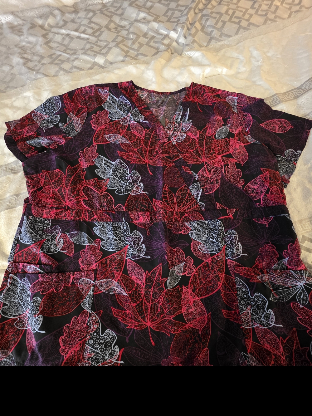 Uniform Advantage Black Scrub Top with Pink and Blue Leaf Print